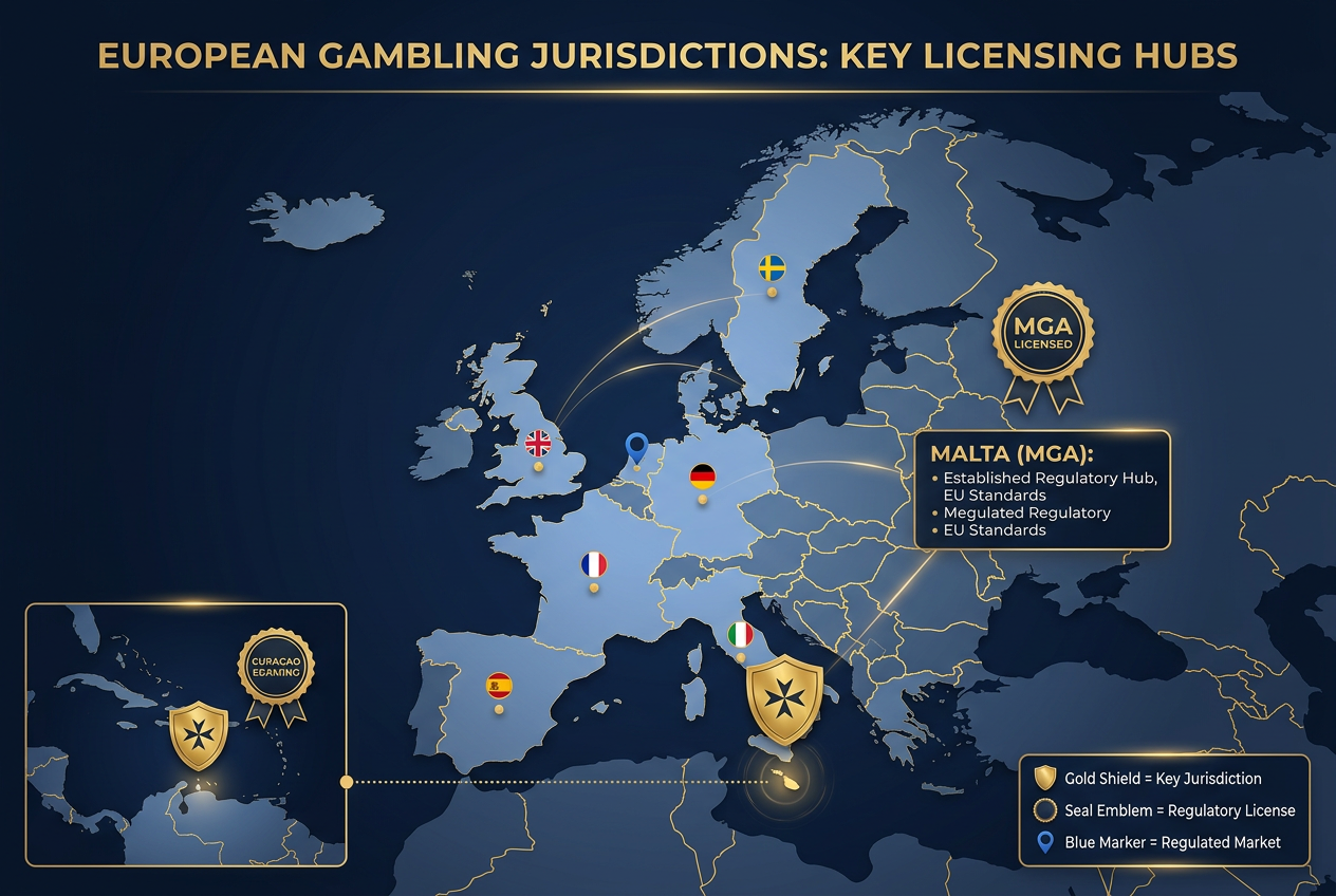 Mapa regulacji i licencji hazardowych w Europie z wyróżnieniem MGA i Curacao