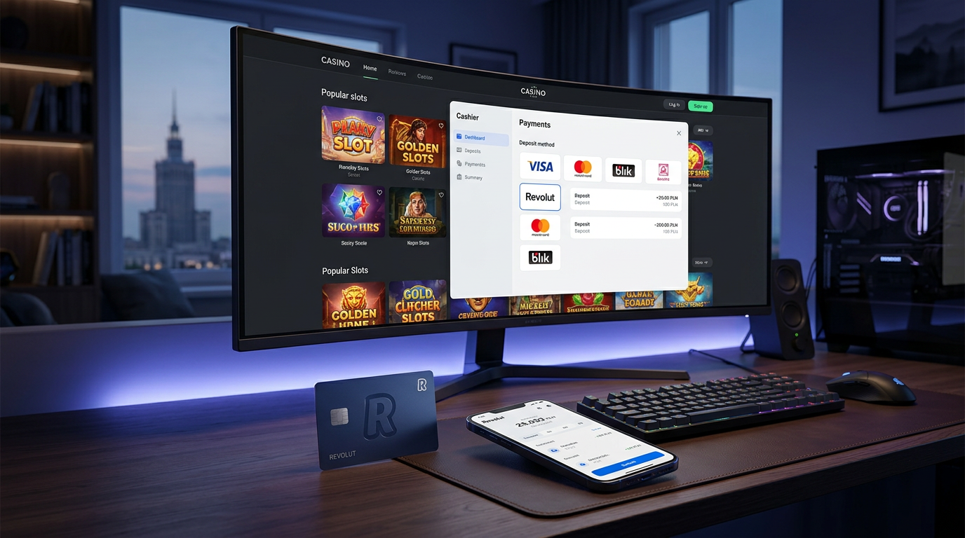 Nowoczesne stanowisko gracza z kartą Revolut i widocznym interfejsem kasyna online na monitorze