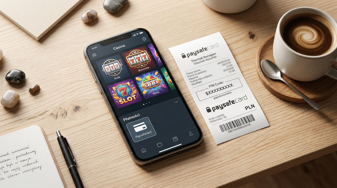 Elektroniczny portfel Paysafecard i smartfon z otwartym kasynem online na drewnianym biurku