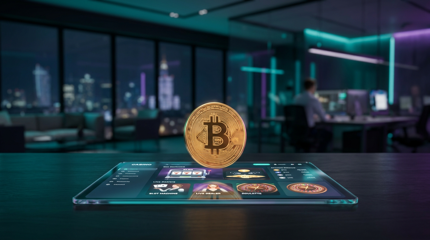 Złoty Bitcoin nad nowoczesnym interfejsem kasyna online - technologia blockchain w hazardzie.