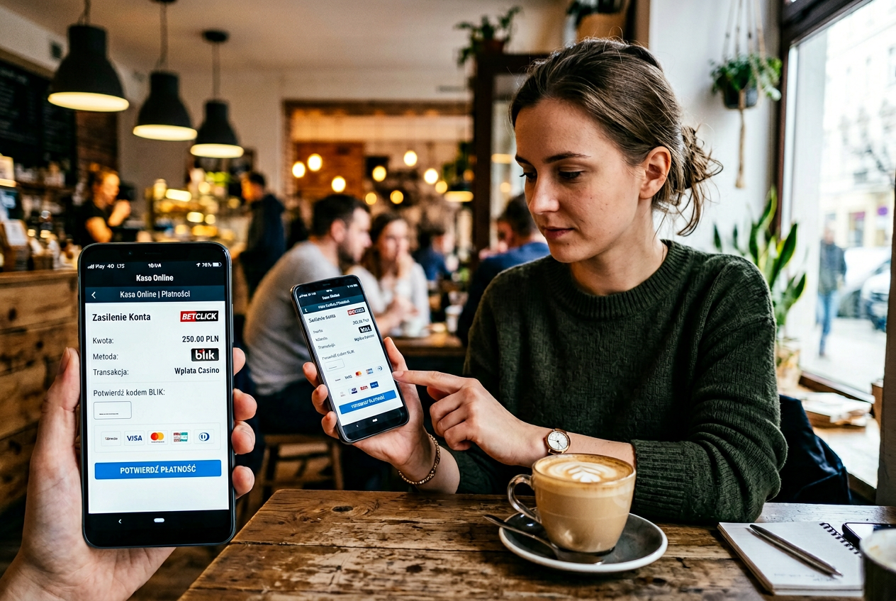 Osoba trzymająca smartfon z wybraną opcją płatności mobilnej w kasynie online