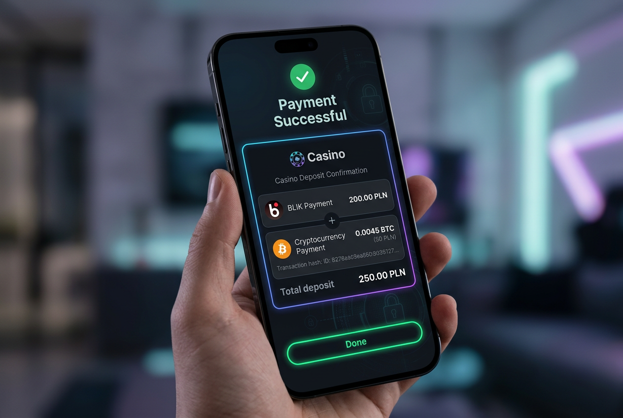 Smartfon z aplikacją płatniczą na tle żetonów kasynowych